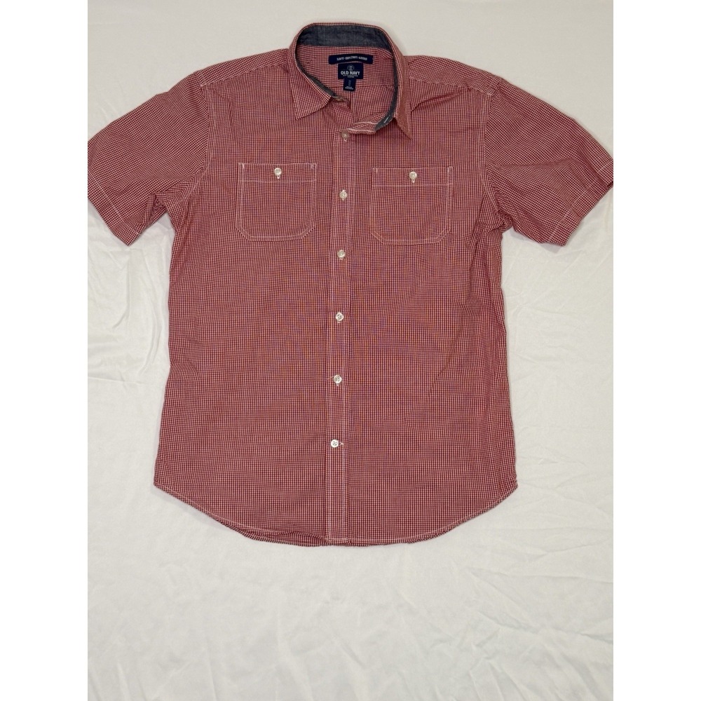 Old Navy Mens Medium Slim Fit Red Gingham Short Sleeve Button Up Shirt